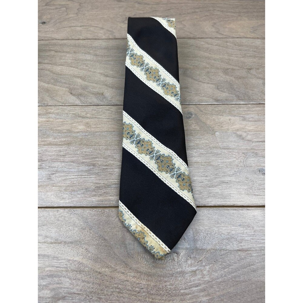 Men's Black Striped Silk Tie with Beige and Blue Floral Pattern